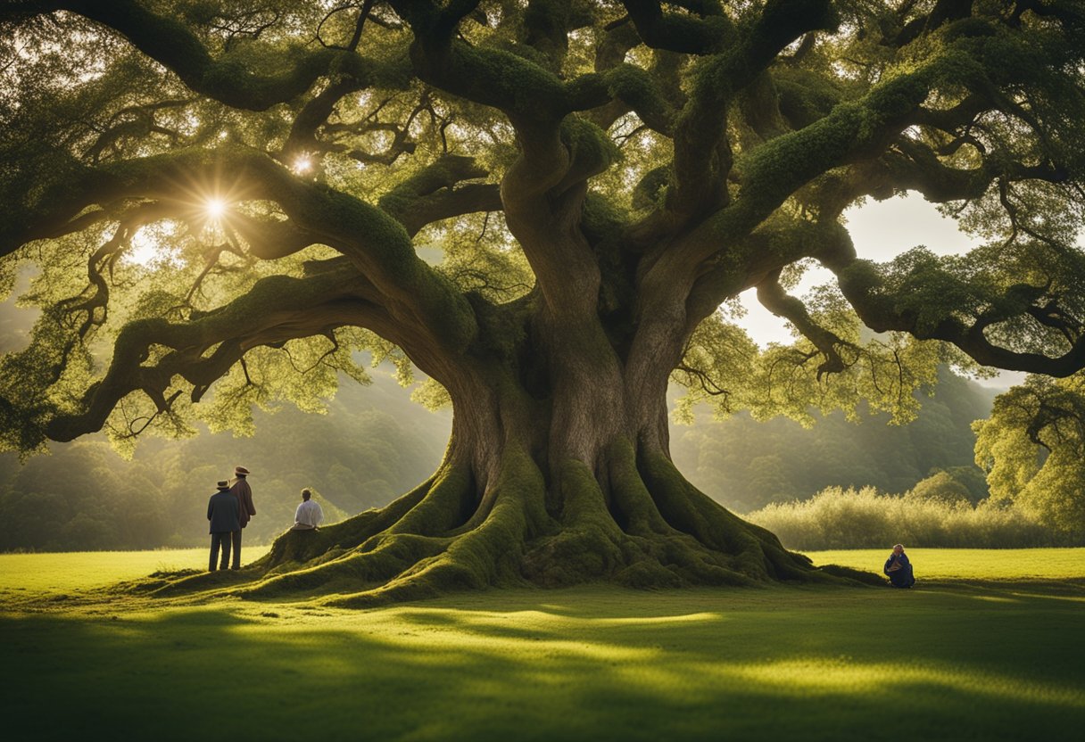 An old oak tree stands tall in the center of a lush green landscape, surrounded by a circle of attentive listeners. The seanchaí weaves tales of Irish folklore, captivating the audience with his animated gestures and expressive voice