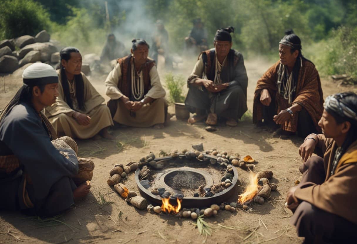 Healing Customs: A circle of shamans and medicine men perform rituals around a sacred fire, while herbs and natural remedies are prepared nearby