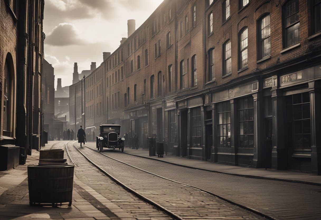 The gritty streets of 1920s Birmingham, lined with industrial buildings and smoky alleyways, evoke the atmosphere of the Peaky Blinders' world