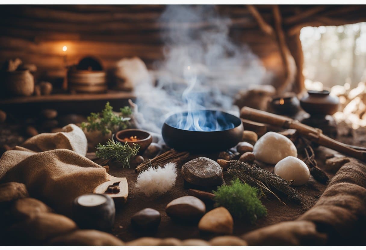 Healing Customs: A smoky Irish hearth contrasts with a serene Native American sweat lodge. Herbs, crystals, and sacred symbols fill the spaces