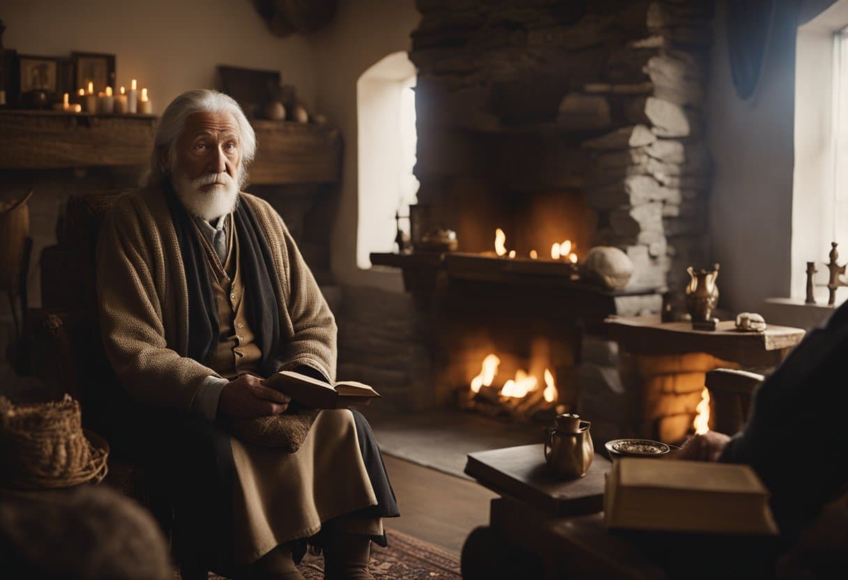 Healing Customs: An Irish storyteller sits by a cozy fireplace, sharing healing customs. Across the room, a Native American elder recounts their own traditions. Books and artifacts line the walls, symbolizing the importance of education in preserving these narratives