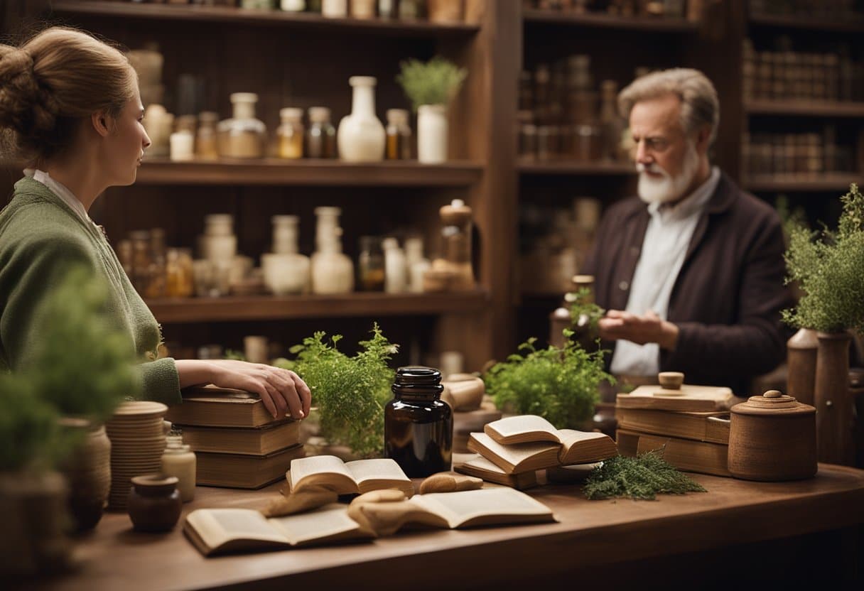 Irish Folk Healing - A group of people debate traditional Irish healing methods, surrounded by shelves of herbal remedies and ancient texts
