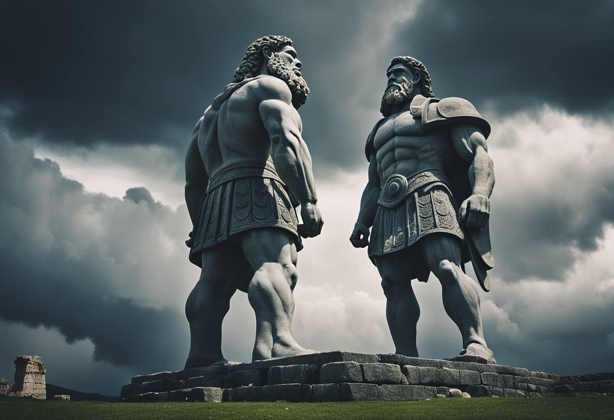 A towering Irish giant faces off against a Greek titan, their colossal forms looming over a landscape of ancient ruins and swirling storm clouds