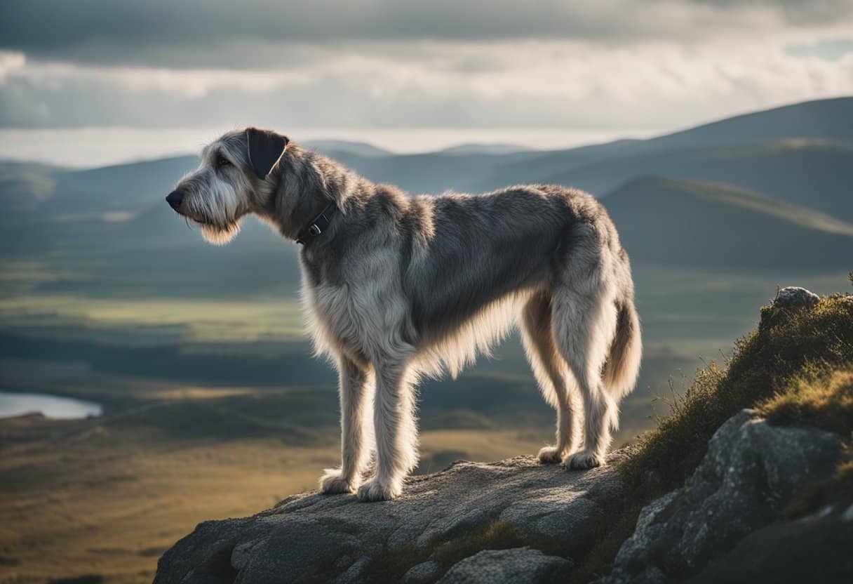 The Irish wolfhound - A majestic Irish wolfhound stands proudly atop a rugged cliff, overlooking a vast and untamed landscape, symbolizing strength and nobility