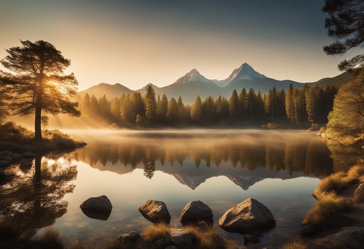 A mystical forest with ancient stone ruins, a shimmering lake, and a looming mountain, all bathed in the golden light of a setting sun