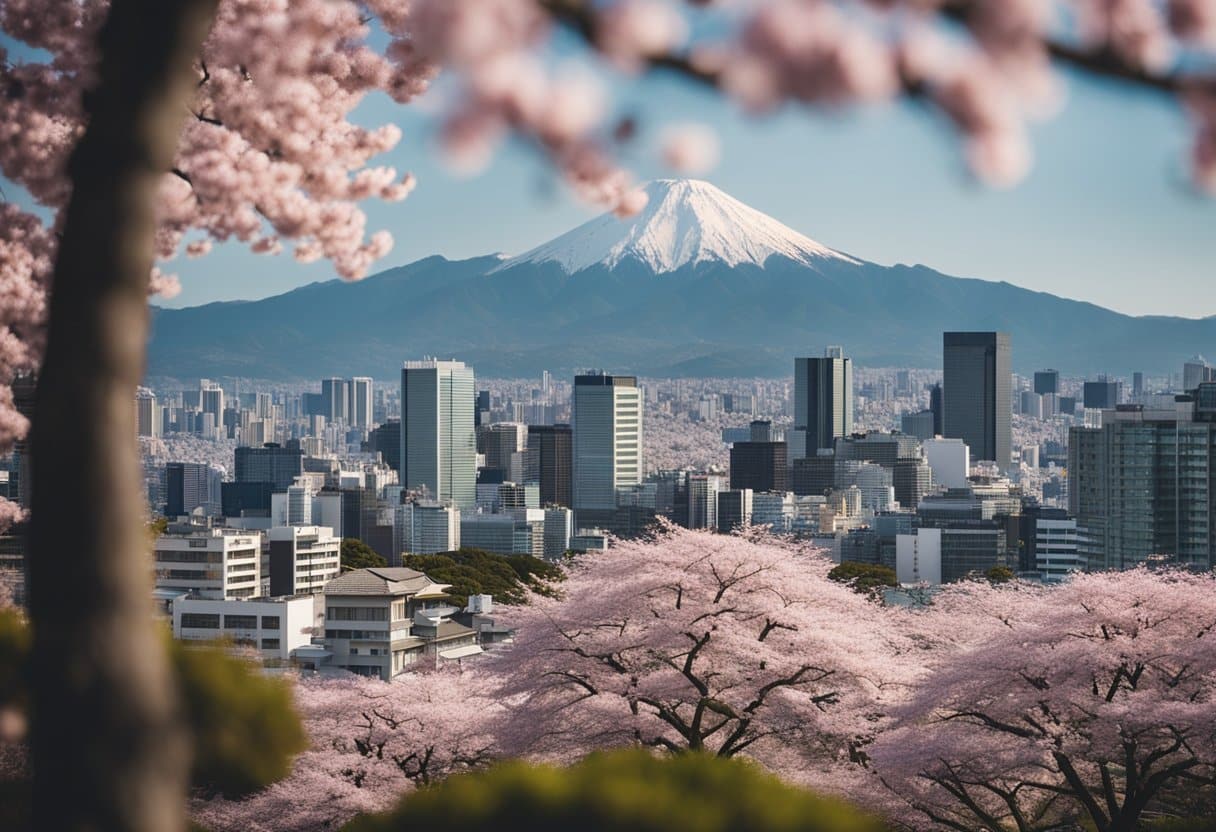A modern Japanese city skyline with traditional architecture, blending with contemporary buildings. A cherry blossom tree stands tall, symbolizing the enduring influence of Bushido on Japan's culture