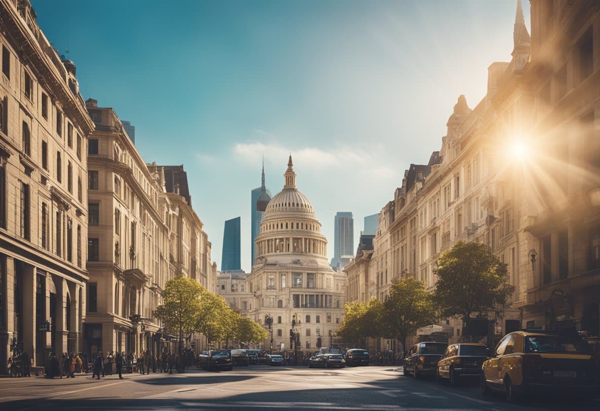 Cinematic Cities: Unveiling the Real-Life Backdrops of Iconic Beloved Movies - A bustling city street with iconic landmarks in the background, capturing the vibrant energy and unique architecture of famous film settings