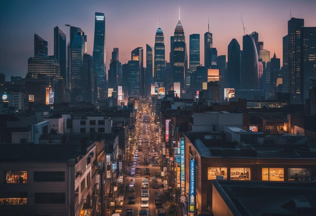 Cinematic Cities: Unveiling the Real-Life Backdrops of Iconic Beloved Movies -  A bustling city street at dusk, with neon signs illuminating the urban landscape. The skyline is dotted with skyscrapers, and the atmosphere is alive with the energy of city life