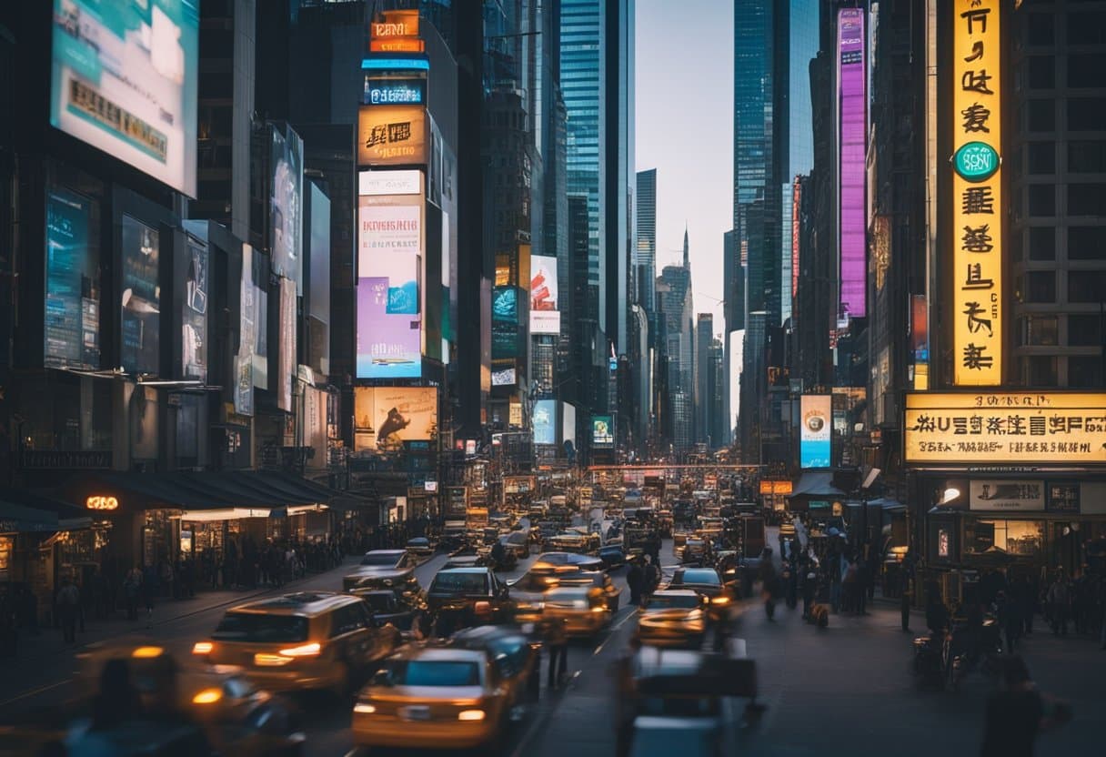 Cinematic Cities: Unveiling the Real-Life Backdrops of Iconic Beloved Movies - A bustling city street with towering skyscrapers, neon signs, and a mix of modern and historic architecture. The scene is alive with movement, capturing the energy and diversity of urban life