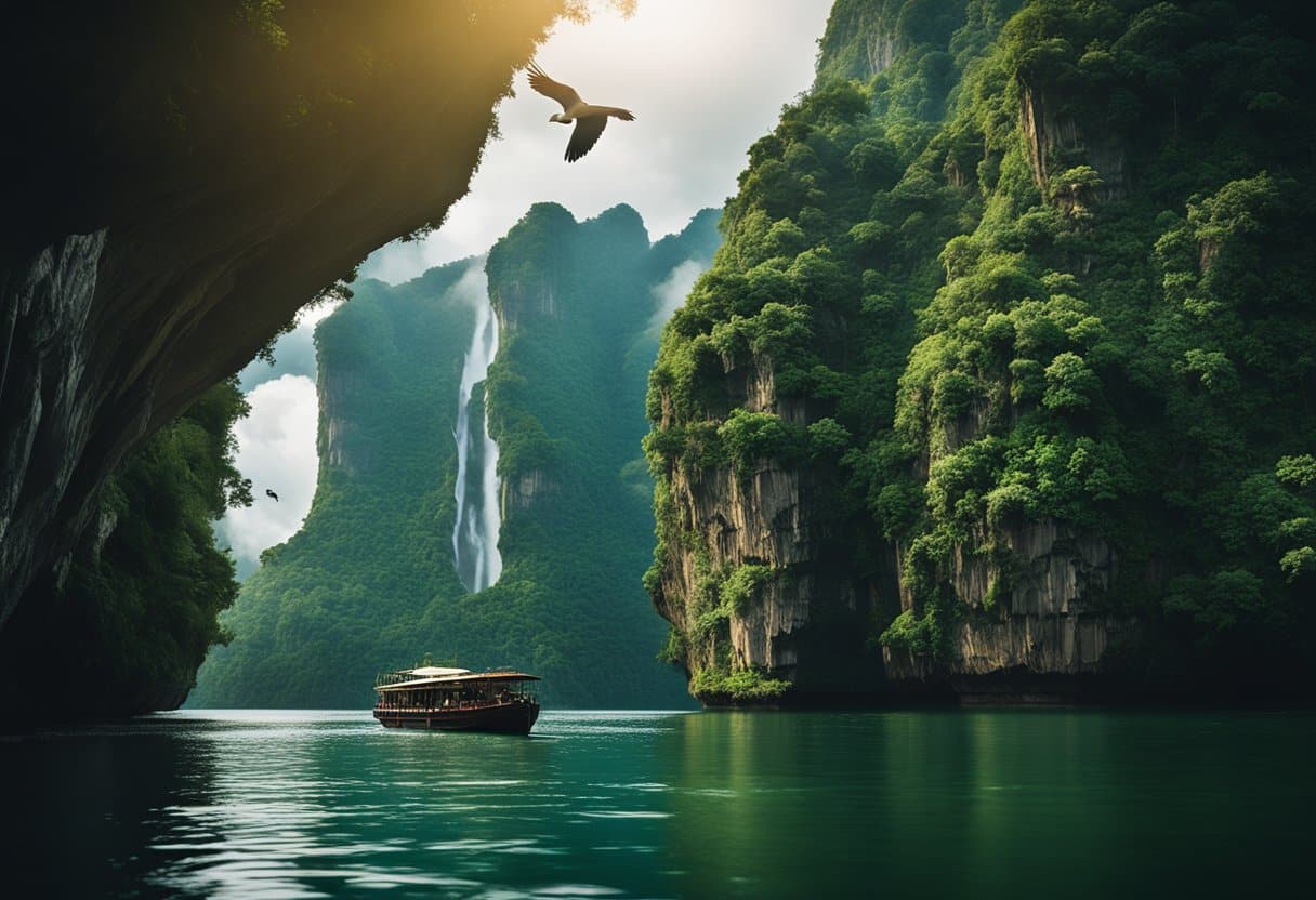 Navigating the World's Most Iconic River Journeys: A Guide to Unforgettable Voyages - A boat sails through the towering cliffs and lush greenery of the Amazon River, with exotic birds flying overhead and the sound of rushing water echoing through the jungle