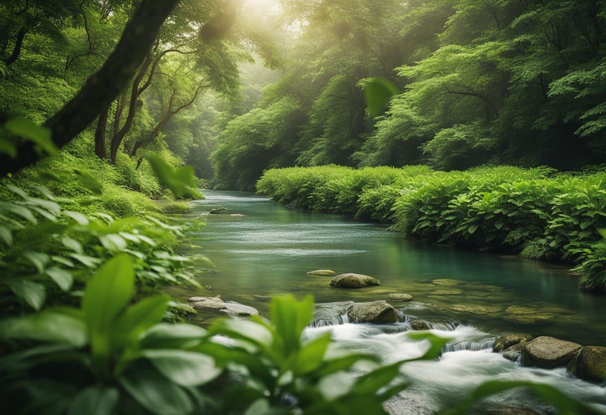 A serene river flows through lush greenery, surrounded by diverse wildlife and vibrant flora. The water is clear and unpolluted, reflecting the beauty of the natural surroundings