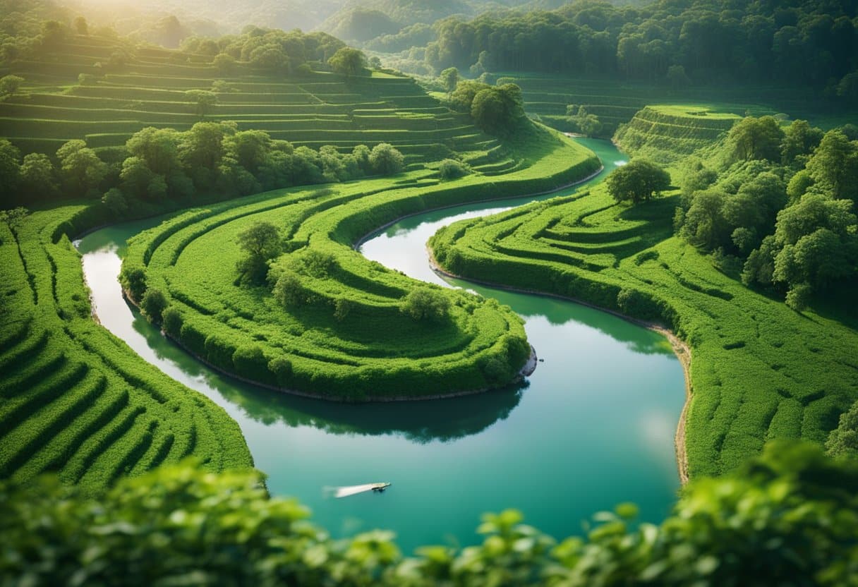 A winding river flows through lush green landscapes, passing by ancient ruins and modern cities, with boats and wildlife scattered along its banks