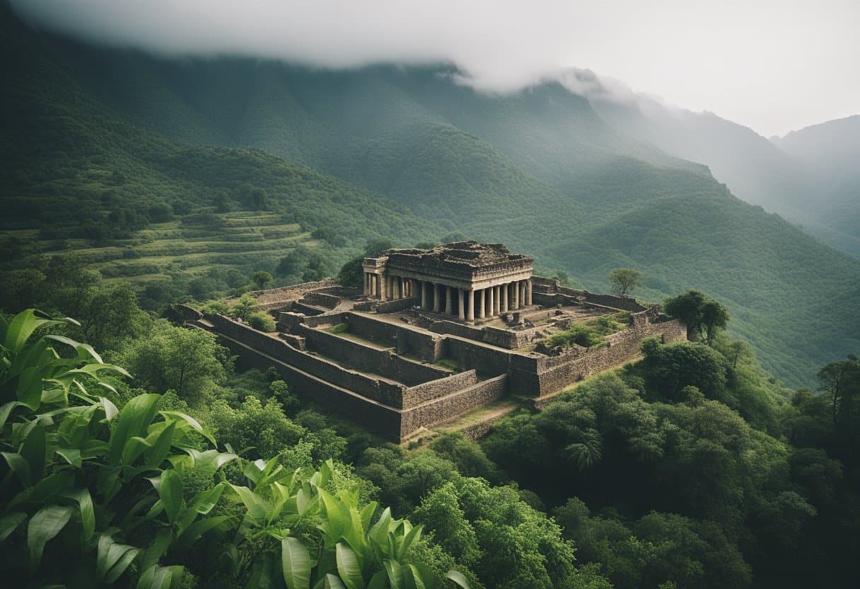 The Lost Kingdoms of Africa and Their Histories: Unveiling Ancient Civilisations - Ancient ruins of African kingdoms, overgrown with lush vegetation, surrounded by misty mountains and flowing rivers