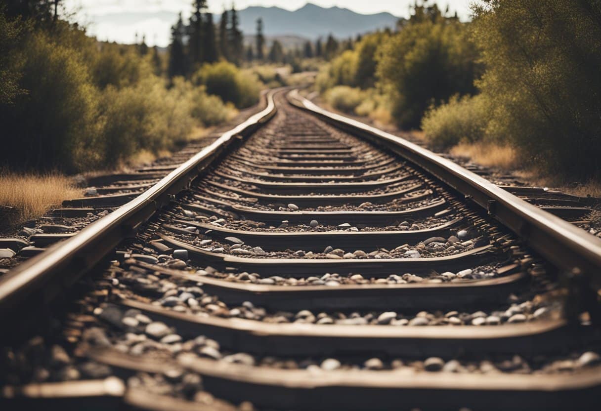 Railroad tracks winding through a diverse landscape, with traditional Native American dwellings and cultural symbols alongside the tracks
