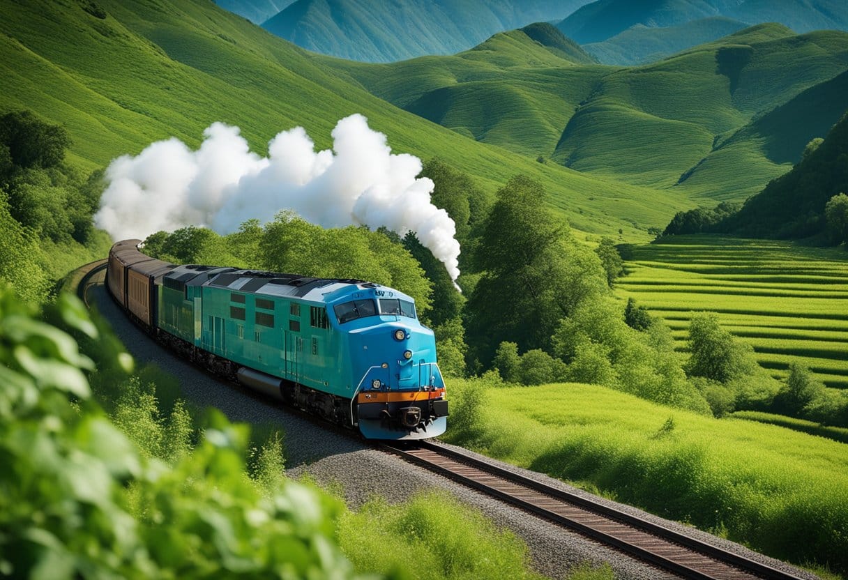 A train chugging through a lush, green landscape, with mountains in the background and a clear blue sky above