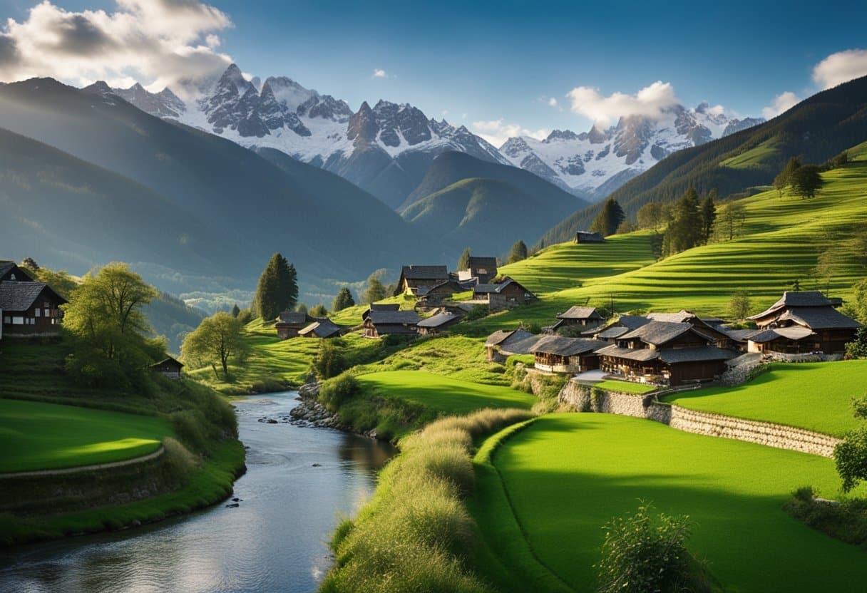 In the Footsteps of Frodo: Discovering New Zealand’s Middle-Earth Landscapes - Rolling hills, lush greenery, and snow-capped mountains surround a tranquil, winding river. A quaint village sits nestled among the landscape, with charming, thatched-roof houses and a sense of peace and serenity