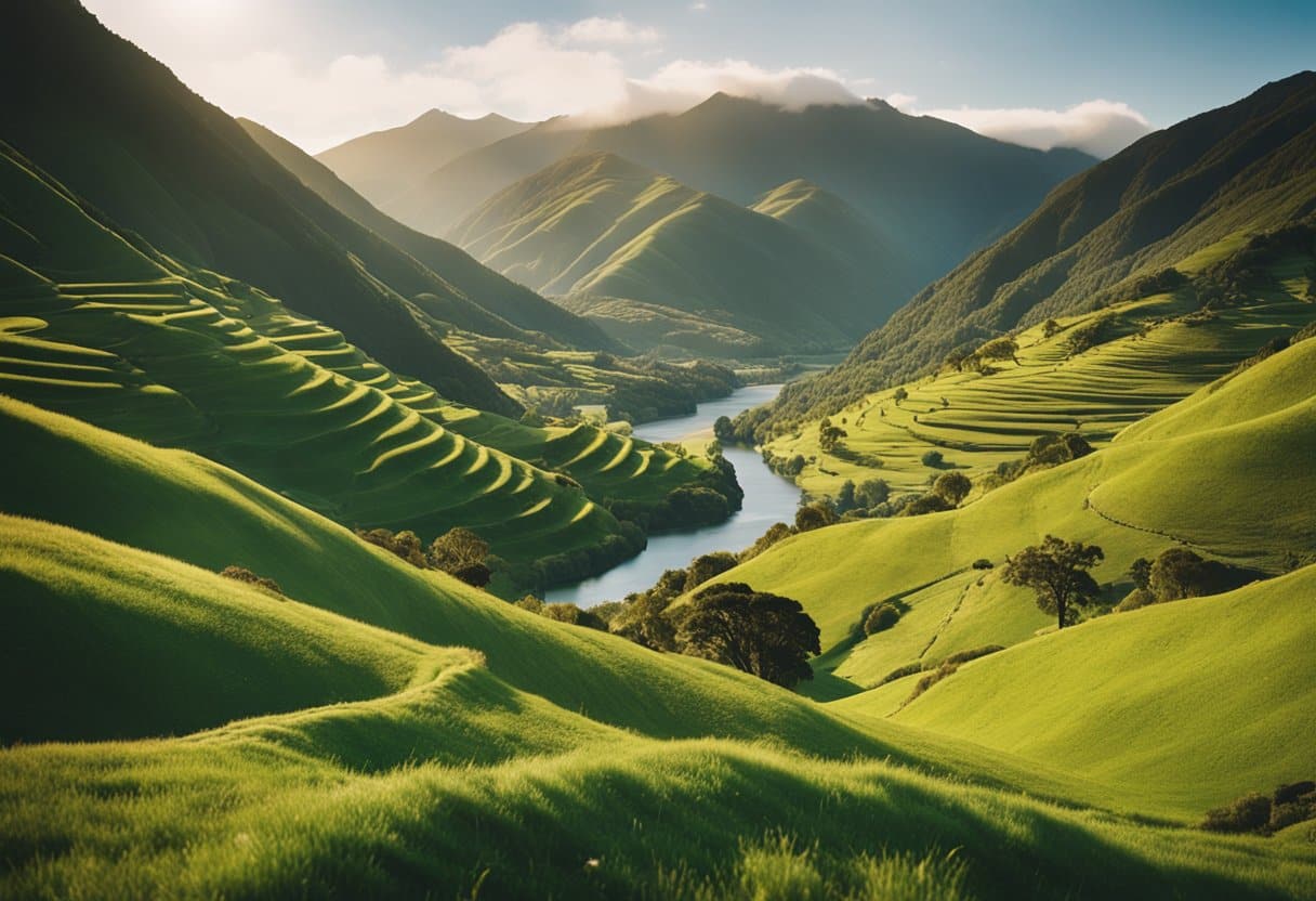 In the Footsteps of Frodo: Discovering New Zealand’s Middle-Earth Landscapes - Rolling green hills, misty mountains, and winding rivers create the picturesque landscape of New Zealand's Middle-earth. A quaint hobbit hole nestled into the hillside adds a touch of whimsy to the scene