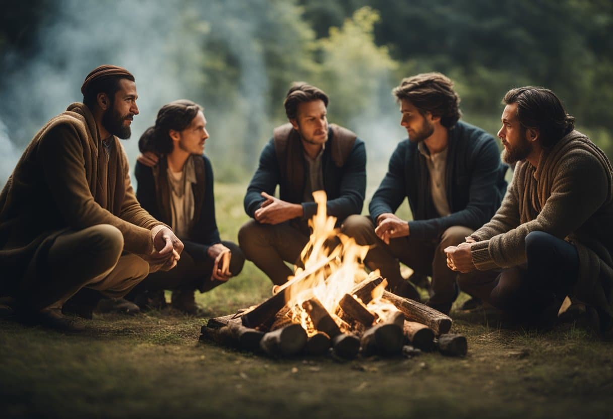 A group of people gathered around a flickering fire, listening intently as a storyteller weaves tales of ancient heroes and mystical creatures