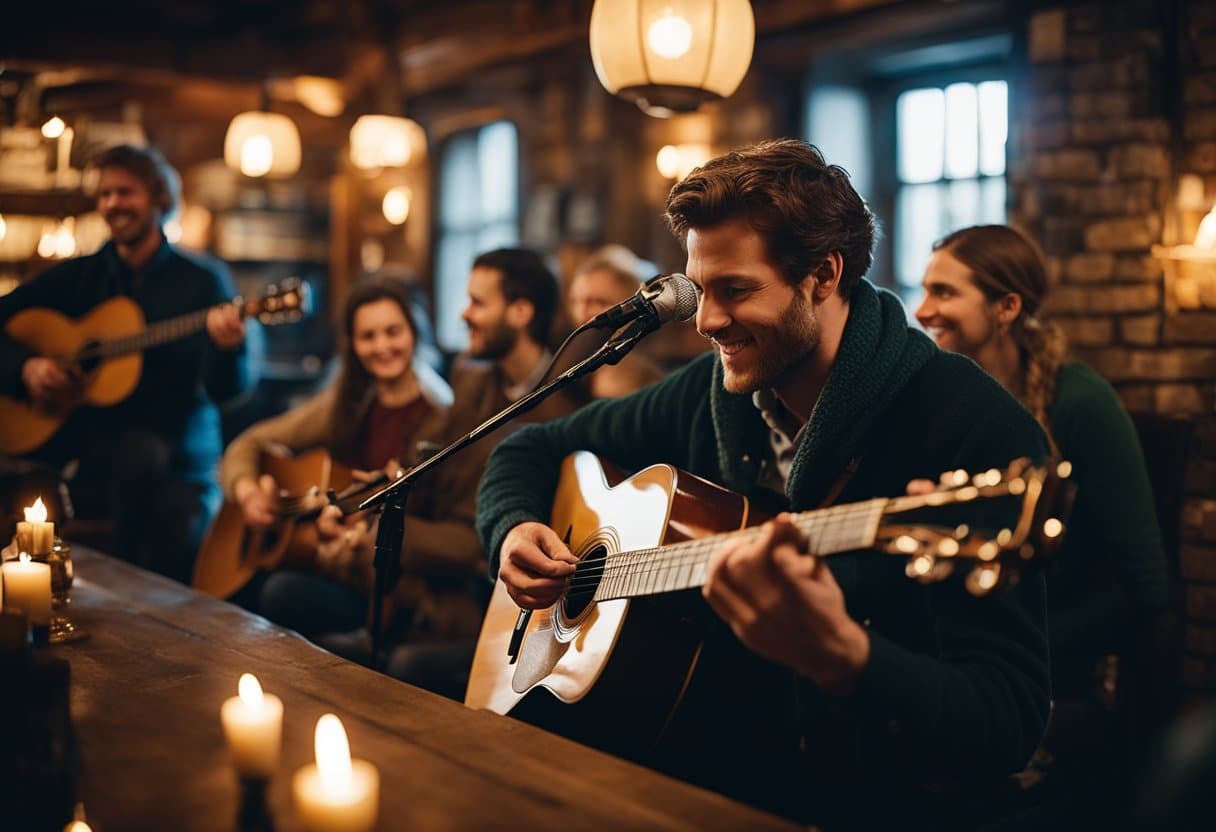 The Art of Irish Storytelling Through Song: An Exploration of Cultural Narratives - A cozy pub with a roaring fire, surrounded by eager listeners. A musician strums a guitar, weaving tales of love, loss, and triumph through the power of Irish storytelling in song