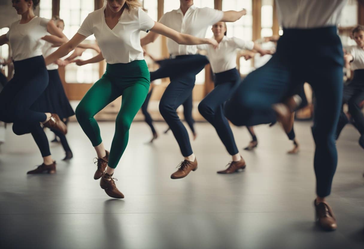 A group of dancers perform traditional Irish jigs with lively footwork and graceful arm movements, while others showcase modern steps with fast-paced, intricate choreography