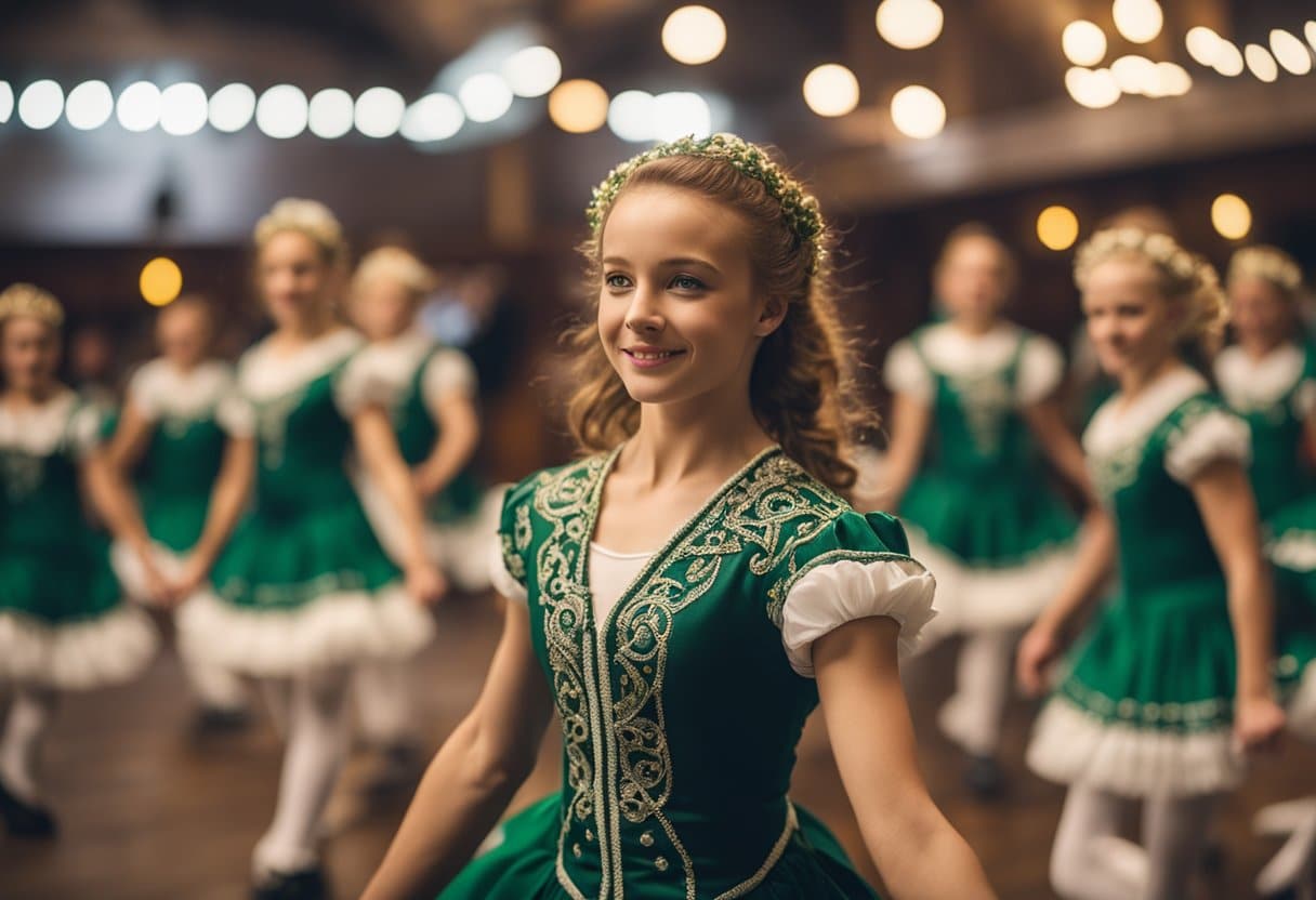 A lively Irish dance scene with fiddles, flutes, and bodhráns, surrounded by swirling dancers in traditional costumes