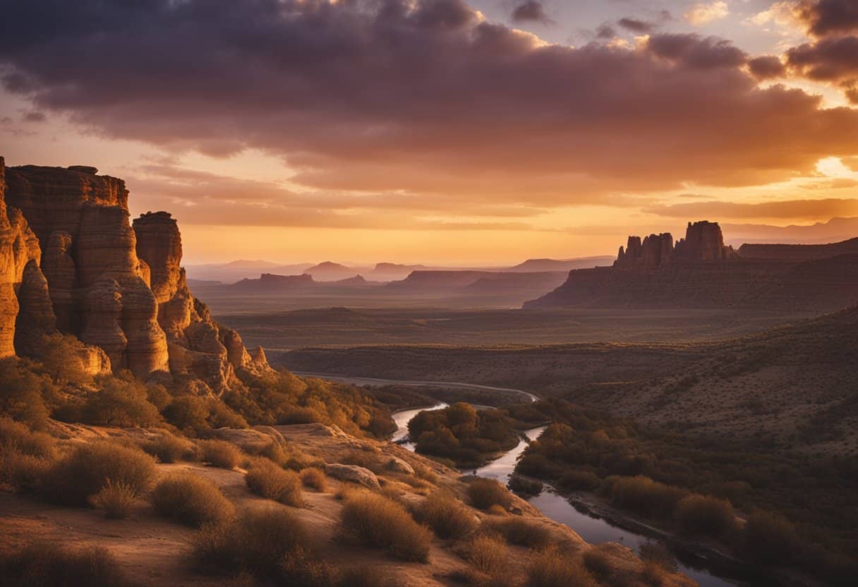 Sacred Aboriginal Sites of Australia: Unveiling the Dreamtime Stories and Landscapes - The sun sets over a rugged landscape, where ancient rock formations stand tall against the horizon. A river winds through the land, reflecting the vibrant colors of the sky