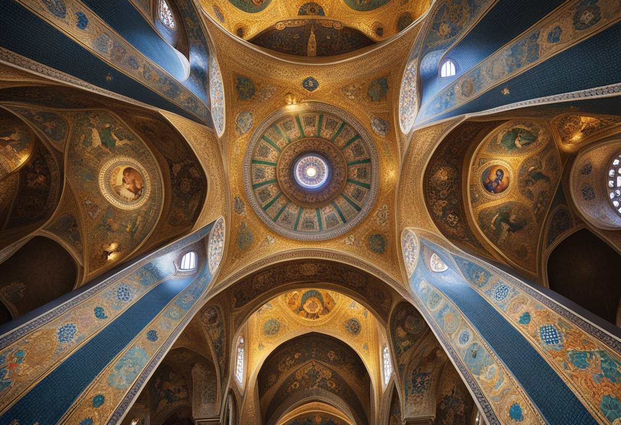 The Mosaic Art of the Byzantine Empire: Unveiling Timeless Splendour - The Mosaic Art - Vibrant mosaic patterns cover the walls and ceilings of a grand Byzantine cathedral, depicting religious scenes and intricate geometric designs in rich, jewel-toned colors