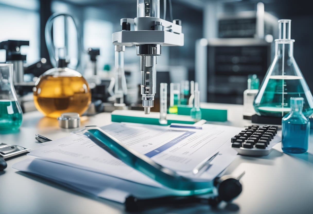 A laboratory setting with safety equipment and regulatory documents. Traditional and modern tools are present, symbolizing the intersection of biohacking and longevity research