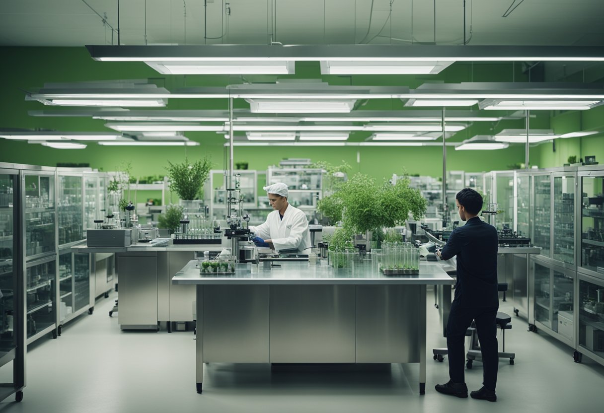 A laboratory setting with advanced equipment and traditional herbs, showcasing the merging of modern science and ancient practices for personalized biohacking strategies