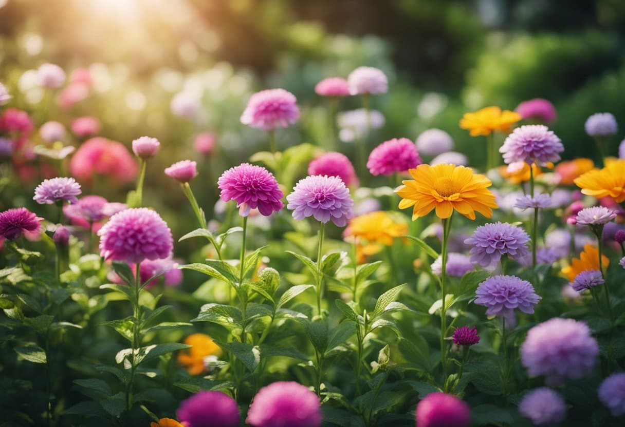 Language of Flowers: Vibrant flowers bloom in a lush garden, each with its own unique color and shape. The air is filled with the sweet scent of blossoms, creating a peaceful and tranquil atmosphere