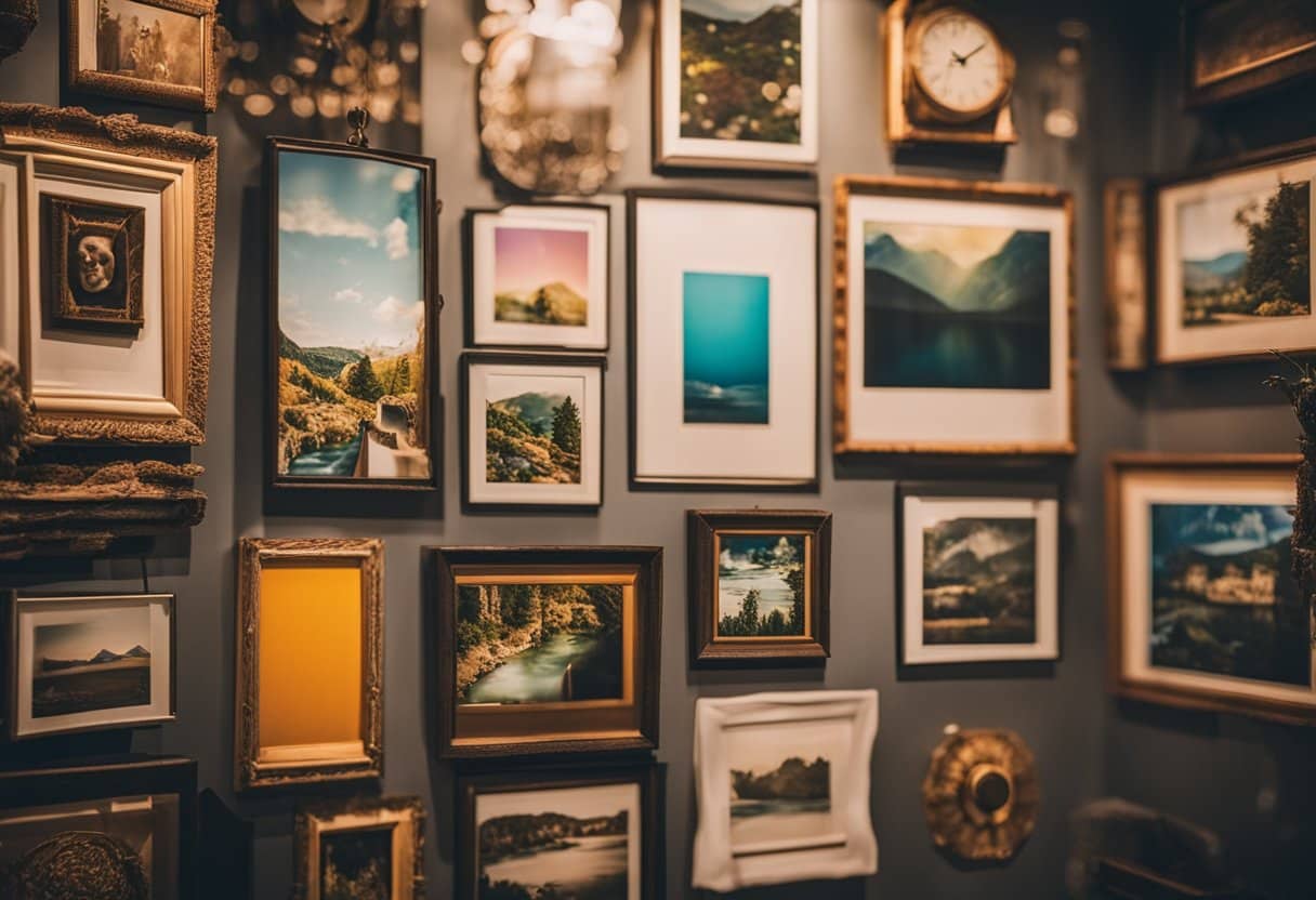 Unconventional museums: A colorful, chaotic gallery filled with quirky, amateur artwork. Unconventional pieces hang crookedly, creating a whimsical and eccentric atmosphere