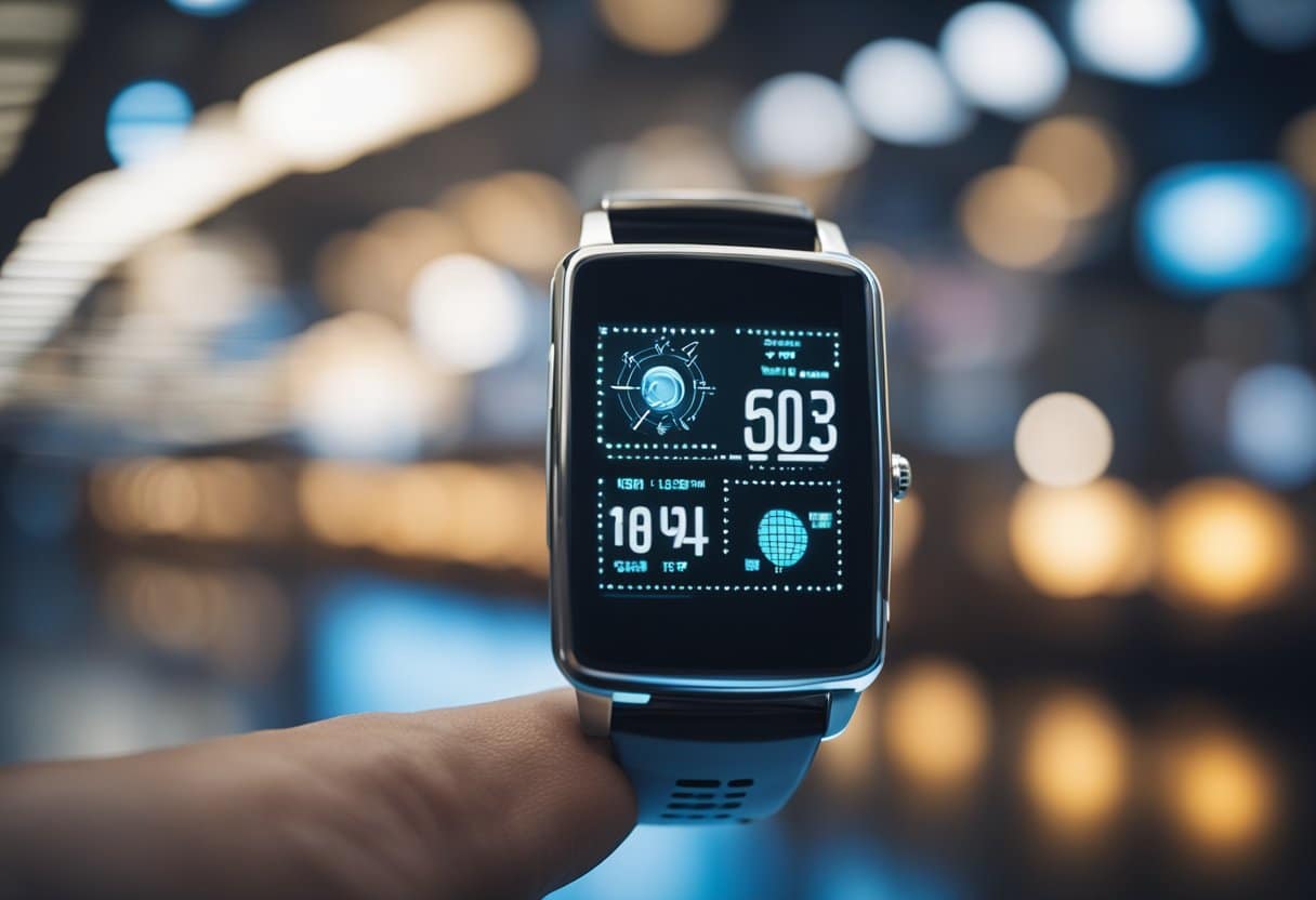 A traveler's wrist adorned with a futuristic wearable device, connected to various modes of transportation and communication, symbolizing the transformation of travel through wearable technology