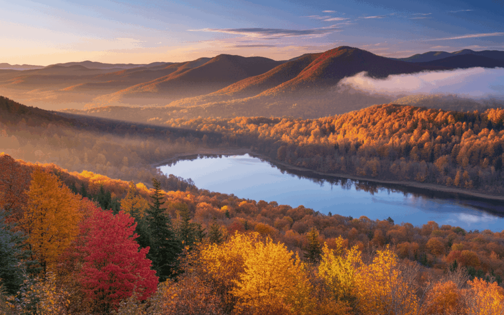 A serene lake is surrounded by vibrant autumn trees in shades of red, orange, and yellow, with rolling forested hills and the majestic Adirondack mountains in the background under a colorful sunrise sky. Mist drifts over the landscape.