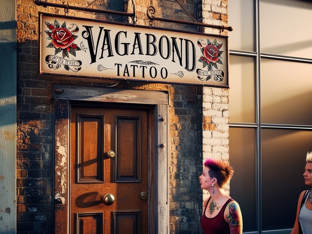 Default A vintagestyle sign reading Vagabond Tattoo in bold cu 1