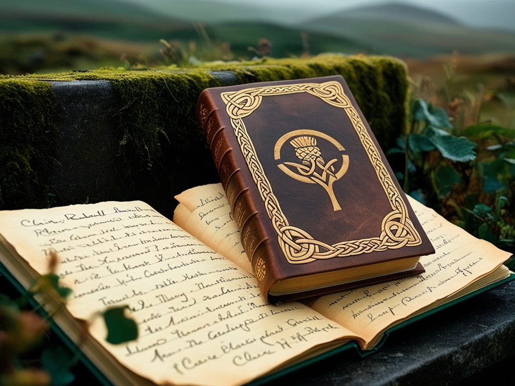 Default A worn leatherbound book adorned with golden Celtic kn 1 1