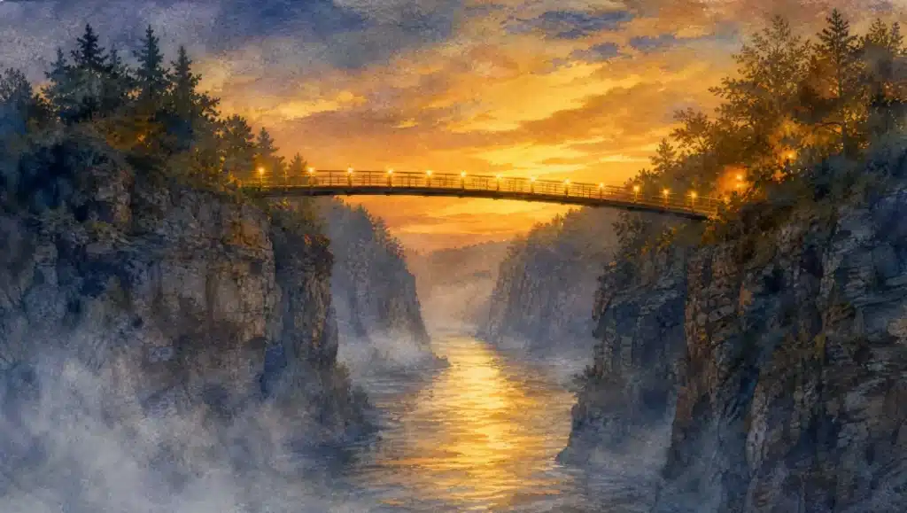 Watercolour illustration of a pedestrian bridge crossing a river gorge at dusk