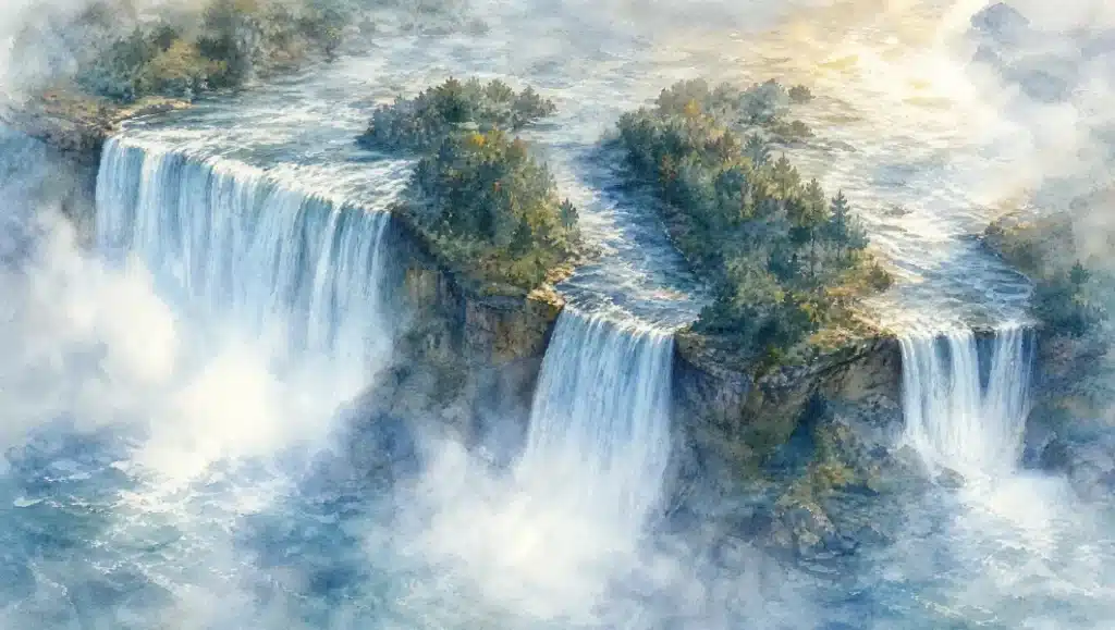 Watercolour illustration showing three separate waterfalls along a rocky escarpment