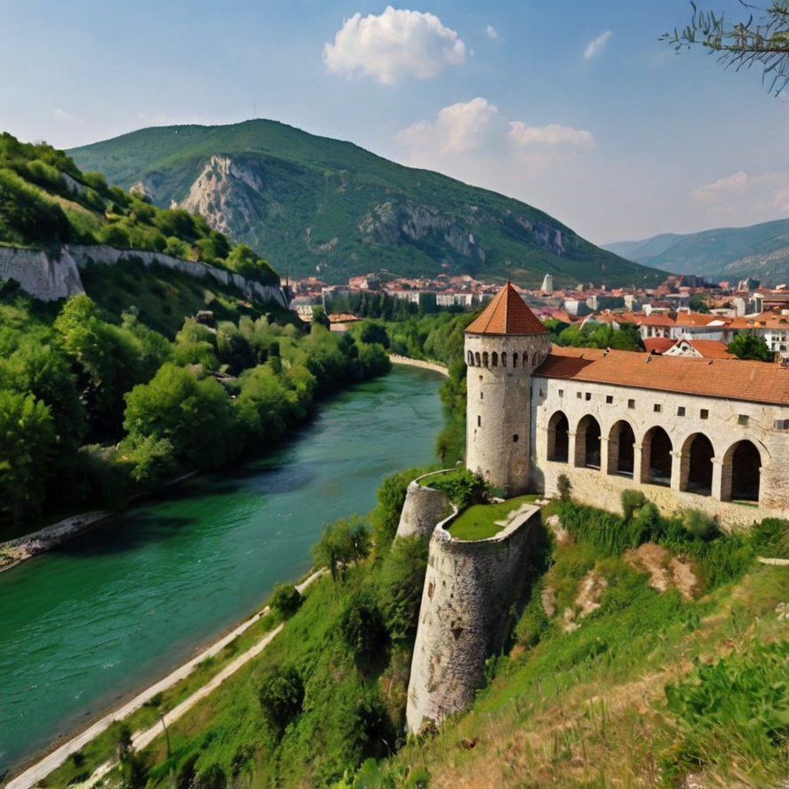 Least-Known European Capital
A stone fortress with a tower stands beside a green river near Podgorica, surrounded by trees and hills, with a town and mountains in the background under a partly cloudy sky.