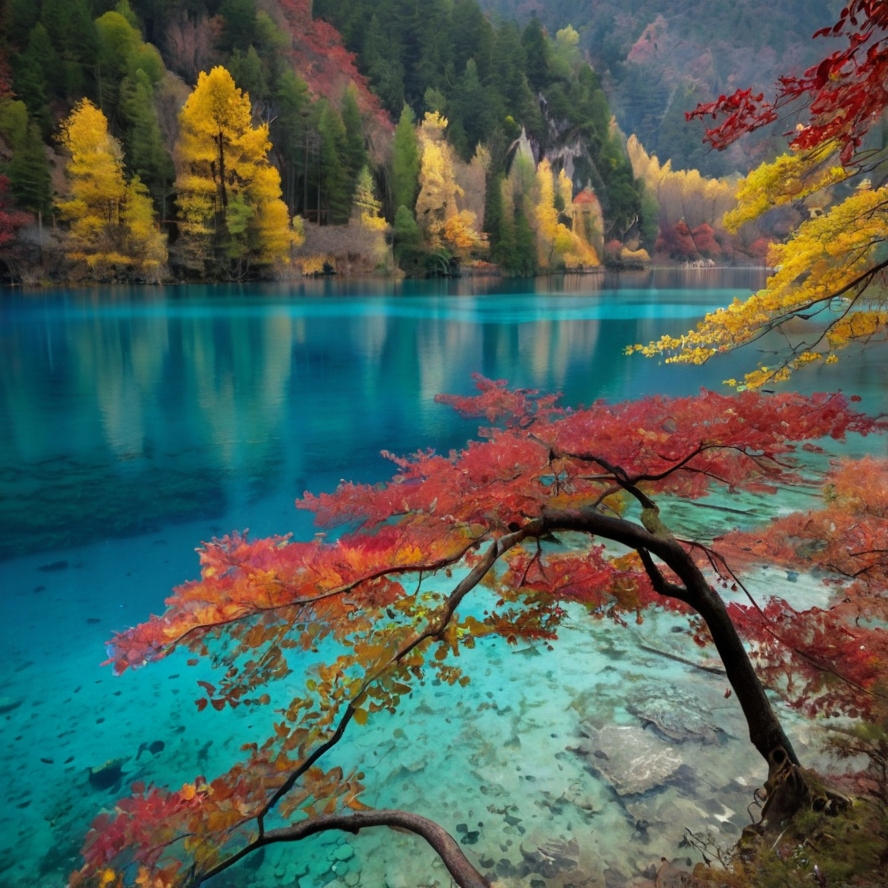 Hidden Gem Destinations
Clear blue lake with overhanging red and yellow autumn leaves, surrounded by a vibrant forest of colorful trees and green hills in the background.