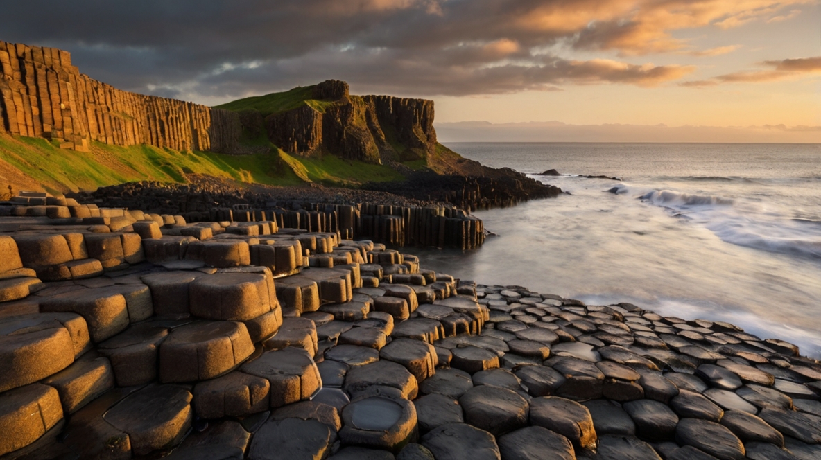 Hidden Gem Destinations Giant’s Causeway rock formation along the coast under a cloudy sky at sunset, with waves crashing against the basalt columns and a distant forest visible on the horizon.