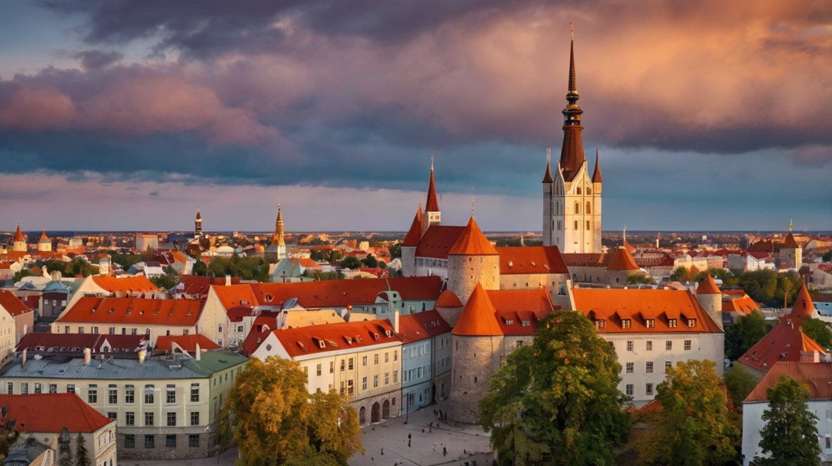 Least-Known European Capital A cityscape in one of the least-known European capitals, with red-roofed buildings, a tall church spire, and medieval towers under a dramatic cloudy sky at sunset.