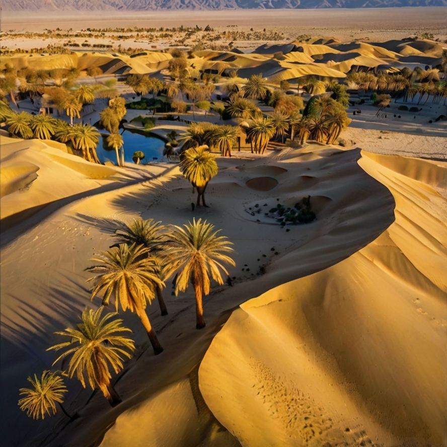 Hidden Gem Destinations

Aerial view of sand dunes with scattered palm trees and a small oasis, resembling an isolated lake surrounded by the vast desert landscape.