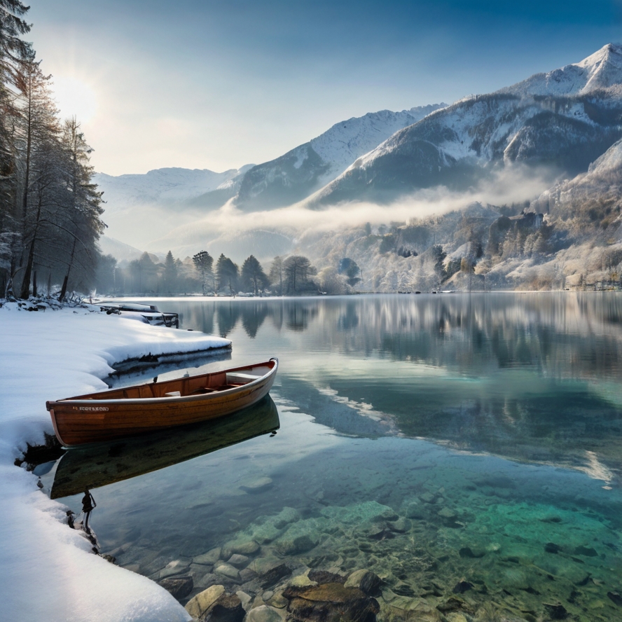 Hidden Gem Destinations
A wooden rowboat rests on the snowy shore of a clear forest lake, surrounded by snow-covered trees and mountains under a partly cloudy sky—a true Hidden Gem Destination.