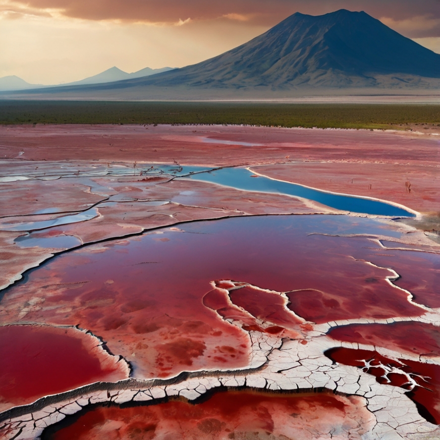 Hidden Gem Destinations
Red-hued, mineral-rich pools form patterns on cracked earth near a remote lake in the foreground, with a mountain and cloudy sky in the background.