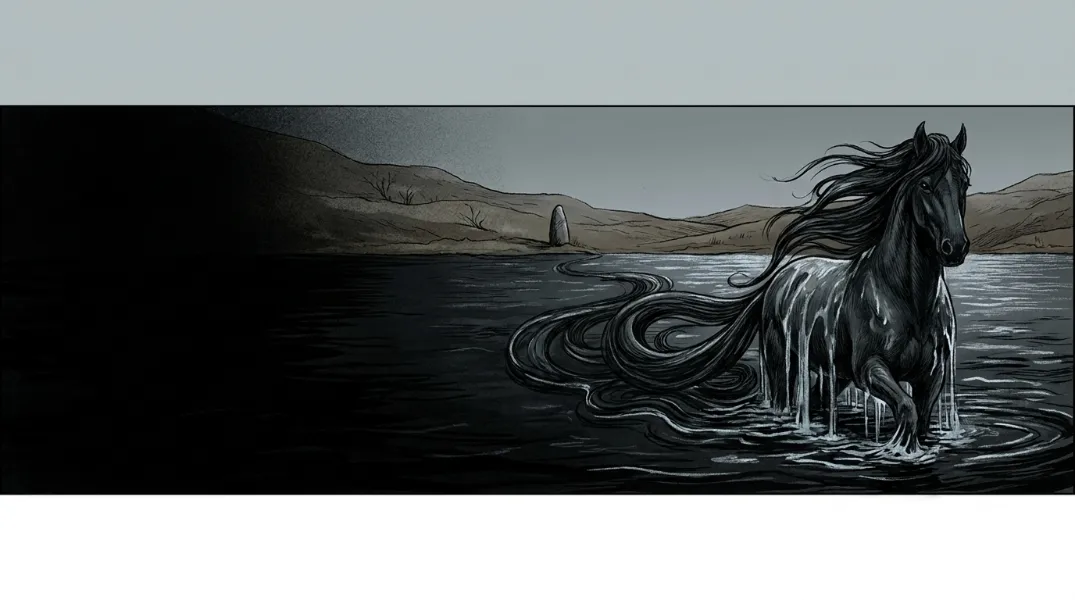 Woodcut style illustration of a dark water horse rising from a black lough, a creature of Celtic mythology