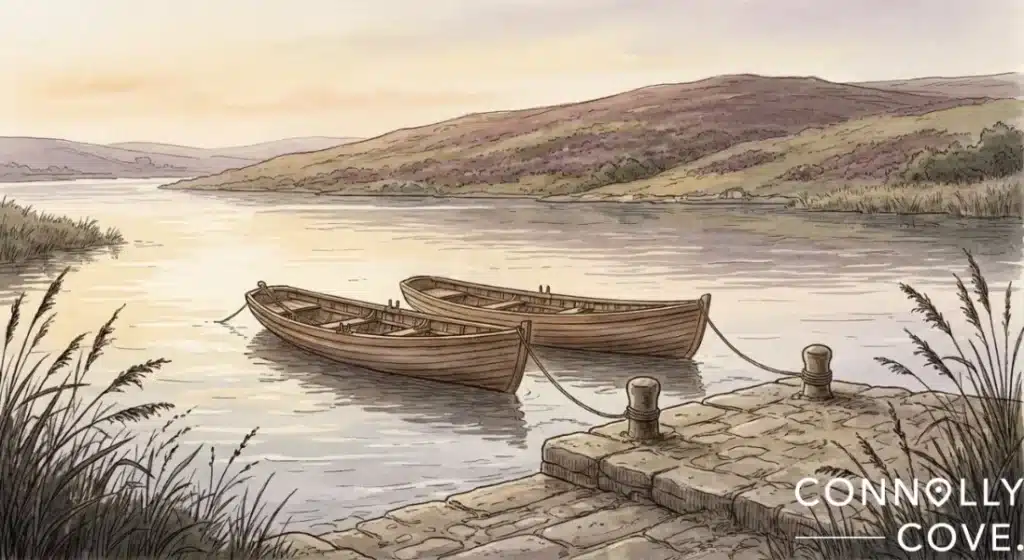 Two wooden rowing boats, similar to those used in Irish sport, tied to a stone pier on a calm lake with rolling hills in the background.