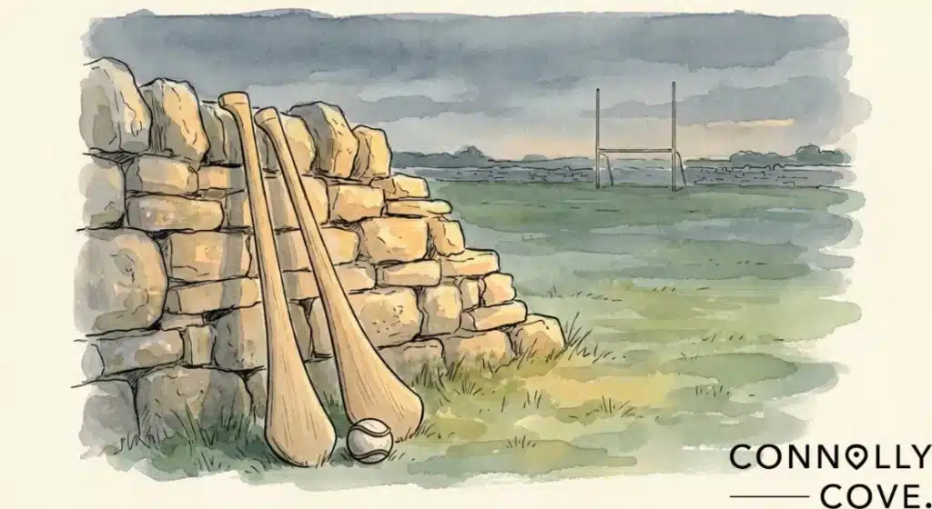 Two hurleys and a sliotar used in Irish sport lean against a stone wall on a field with goalposts in the distance.