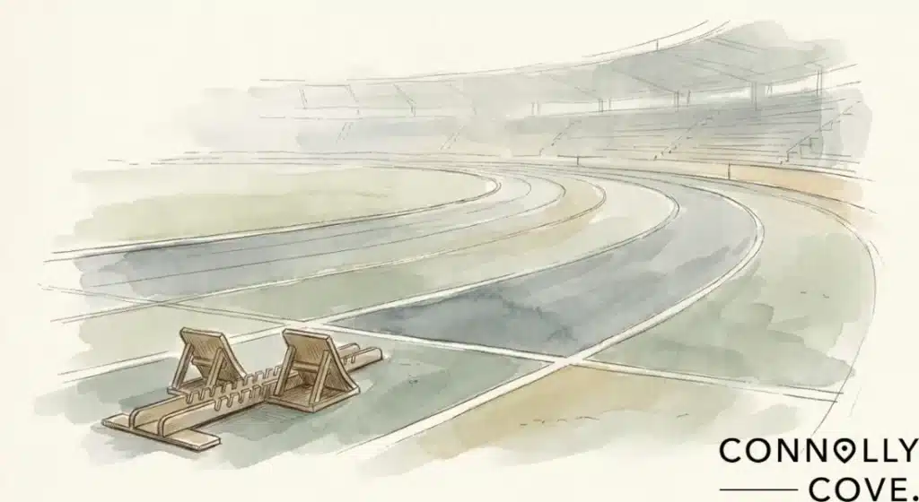 Watercolour illustration of starting blocks on an empty stadium running track, ready for an Irish athlete.