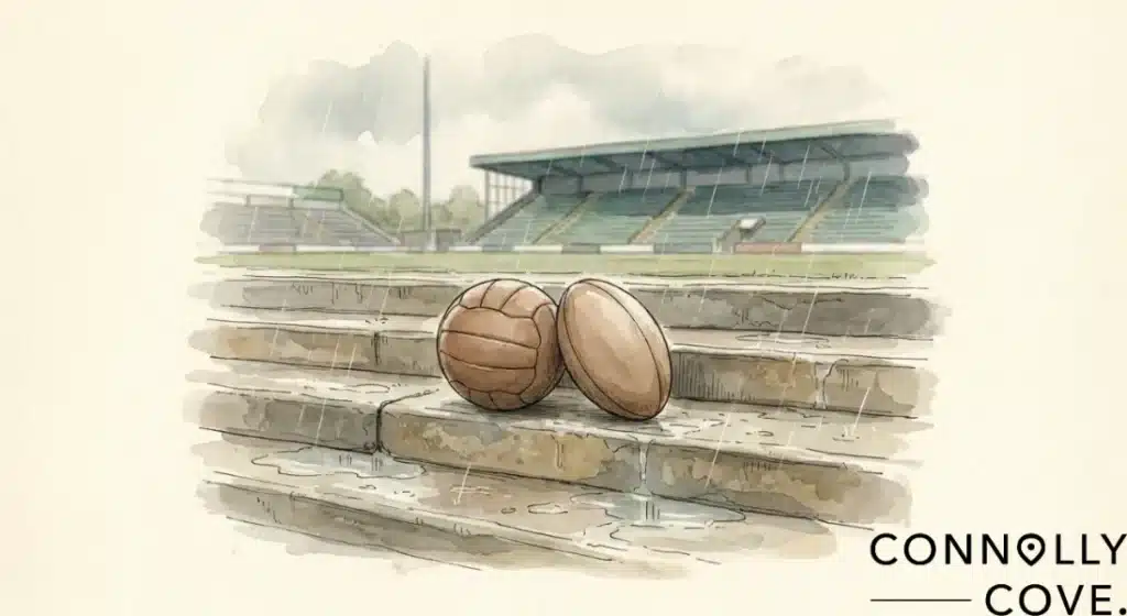 Watercolour illustration of a vintage football and an oval rugby ball representing Irish athletics, resting on stadium steps during a rainstorm with stands in the background.