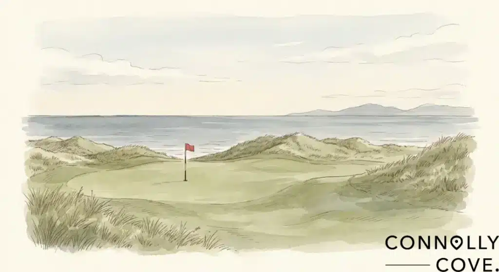 Watercolour painting of a golf green with a red flag, set among coastal dunes overlooking the sea, capturing the spirit of Irish sport with the Connolly Cove logo in the bottom right.
